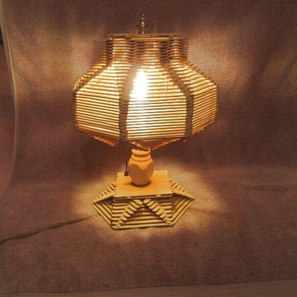 Vtg Popsicle Stick Table Lamp And Shade Wired Folk Tramp Art Boho MCM 60s Hippie